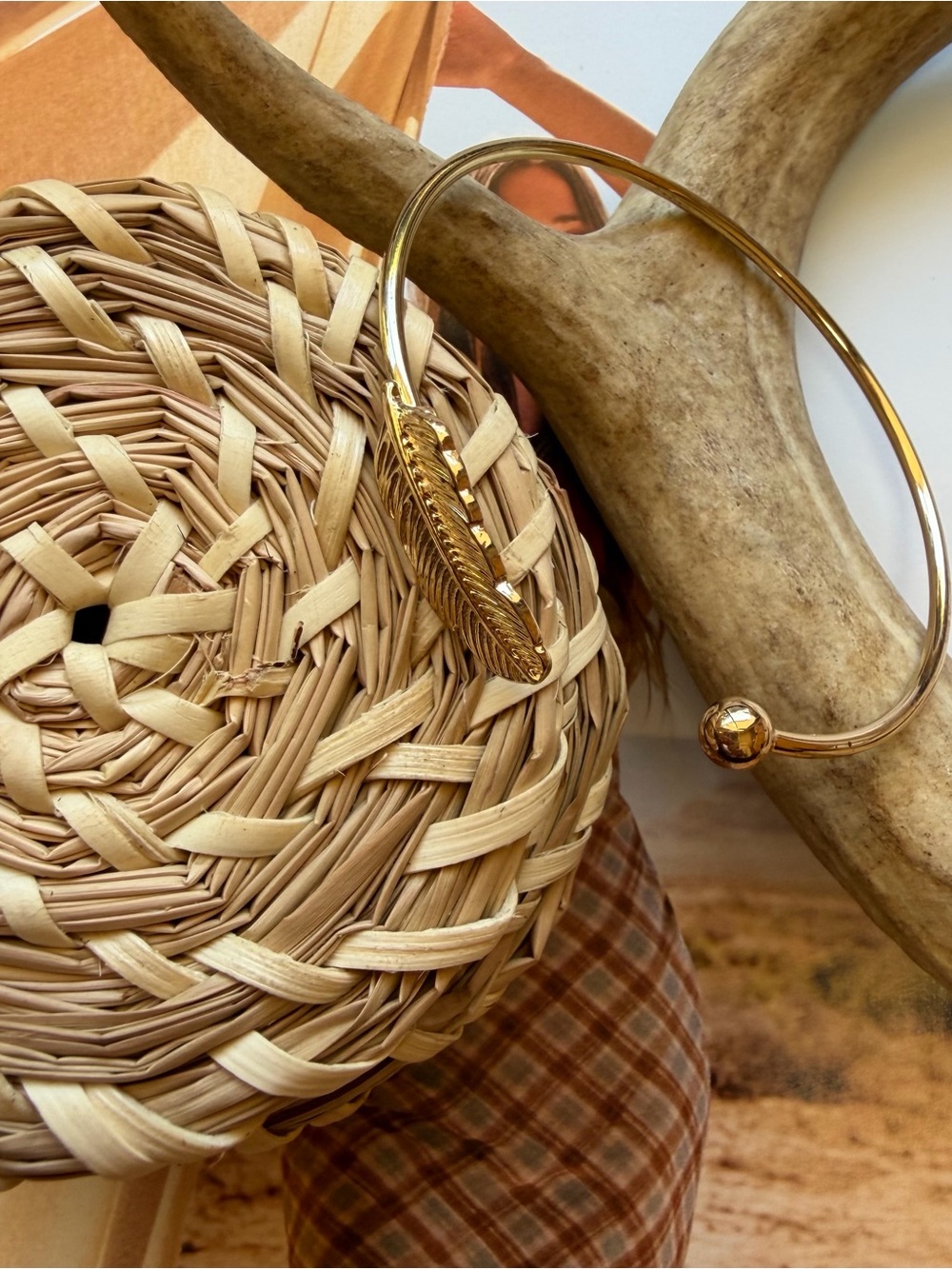 Gold Feather Charm Open Cuff Bracelet Boho Adjustable